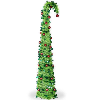 6ft green bent-top telescopic pop-up tree,pre-lit with 100 warm white led lights,8 lighting modes,battery operated,pre-decorated with red ball ornaments,pvc holiday decor