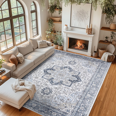 Vintage Floral Pattern Washable Area Rug 9x12, Non Slip Backing Retro Carpet for Entryway Kitchen Bathroom Living Room Hallways Bedroom, Blue