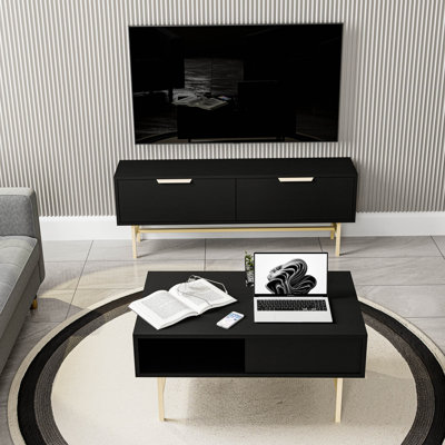 Ensemble de meubles de salon modernes, noir | Comprend un meuble télé (54,3 x 19,7 x 11,6 pouces) et une table basse (35,4 x 21,3 x 15,6 pouces) | Panneau de particules 100% mélaminé, fixation murale, tablettes multiples, design élégant et fonctionnel