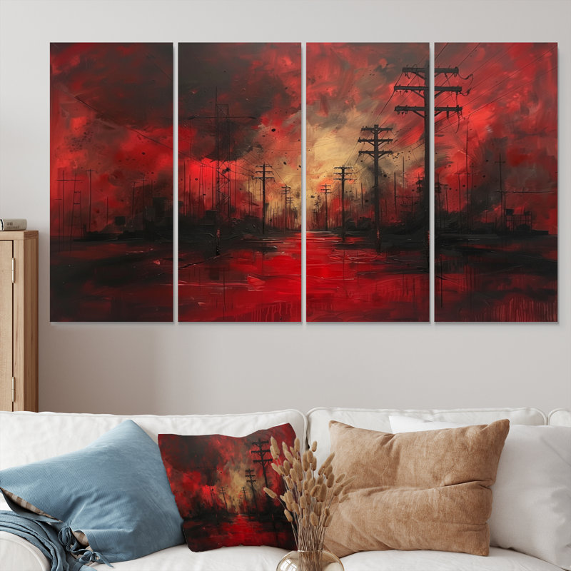 Ensemble de salon art mural rouge et noir Power Lines To The Darkness III, H 28 po x l 48 po
