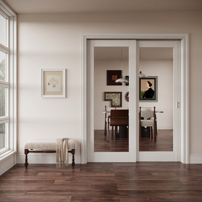 Interior 1-Lite Mirror Door, CARB P2 Certified MDF Bypass Bypass Pocket Doors, with Strengthen Solid Frame & Privacy Silver Pocket Lock & Hardware Kit, Pre‑Finished & Waterproof, for Pantry, Bedroom, Closet & Living Room, Easy DIY Stain, 64"x 80"