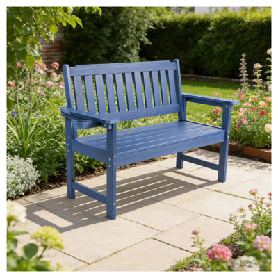 Navy Blue Outdoor Garden Bench with Side Tables - Weather Resistant HIPS Patio Seating