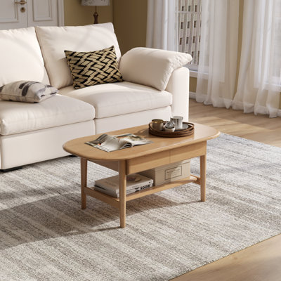 Table basse de 47 po de style Mid-Century moderne en chêne massif avec tiroir et tablette de rangement
