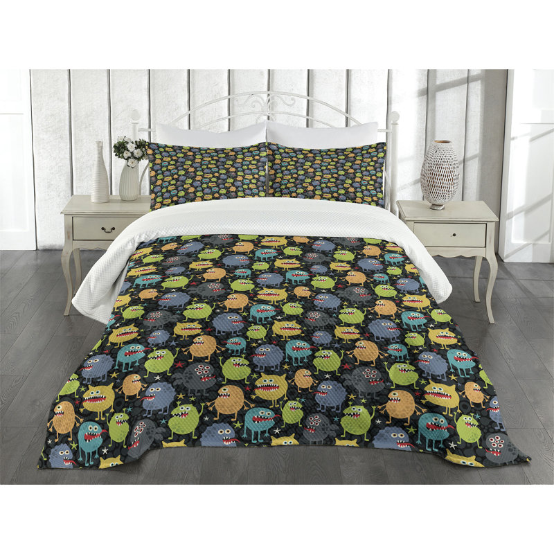 Ambensonne Alien Bedspread Cartoon Multicolor Multicolor, King Coverlet/Bedspread + 2 Pillow Shams