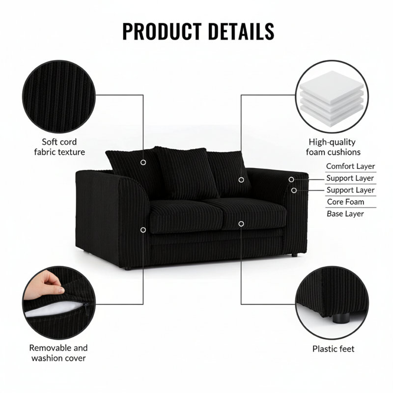 Duvert Two Piece Chenille Sofa Set – Fixed Back Cushions, Non-Slip Seating, Black