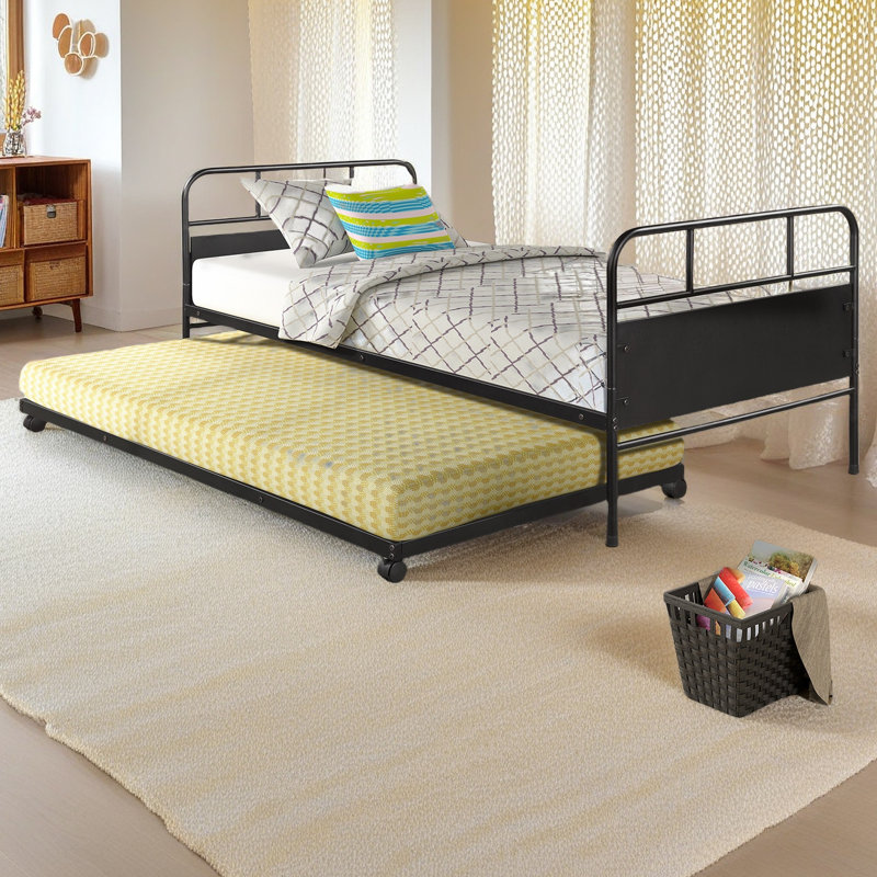 Metal Daybed Platform Bed Frame With Trundle Built-In Casters