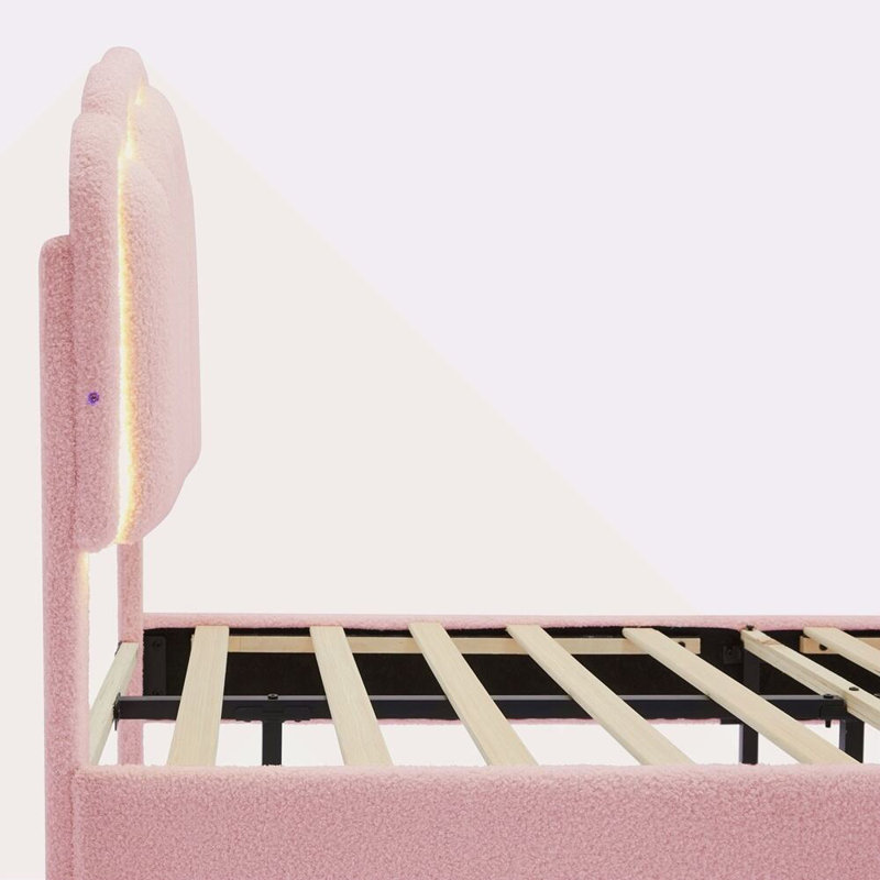 Lit tapissier en forme de fleur Kitzie, tête de lit à fleurs élégante avec bande lumineuse à DEL, lit plateforme en tissu sherpa avec support à lattes en bois