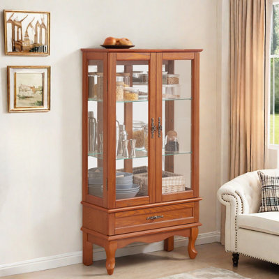 Display Glass Cabinet With Adjustable Shelves, 2 Doors, 1 Drawer And Bulb Included by Charlton Home
