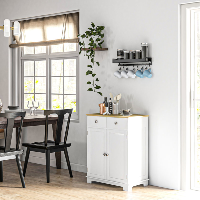 Armoire de cuisine moderne - Buffet de comptoir en bois massif blanc vieilli avec 2 tiroirs, portes et tablette réglable pour un rangement efficace