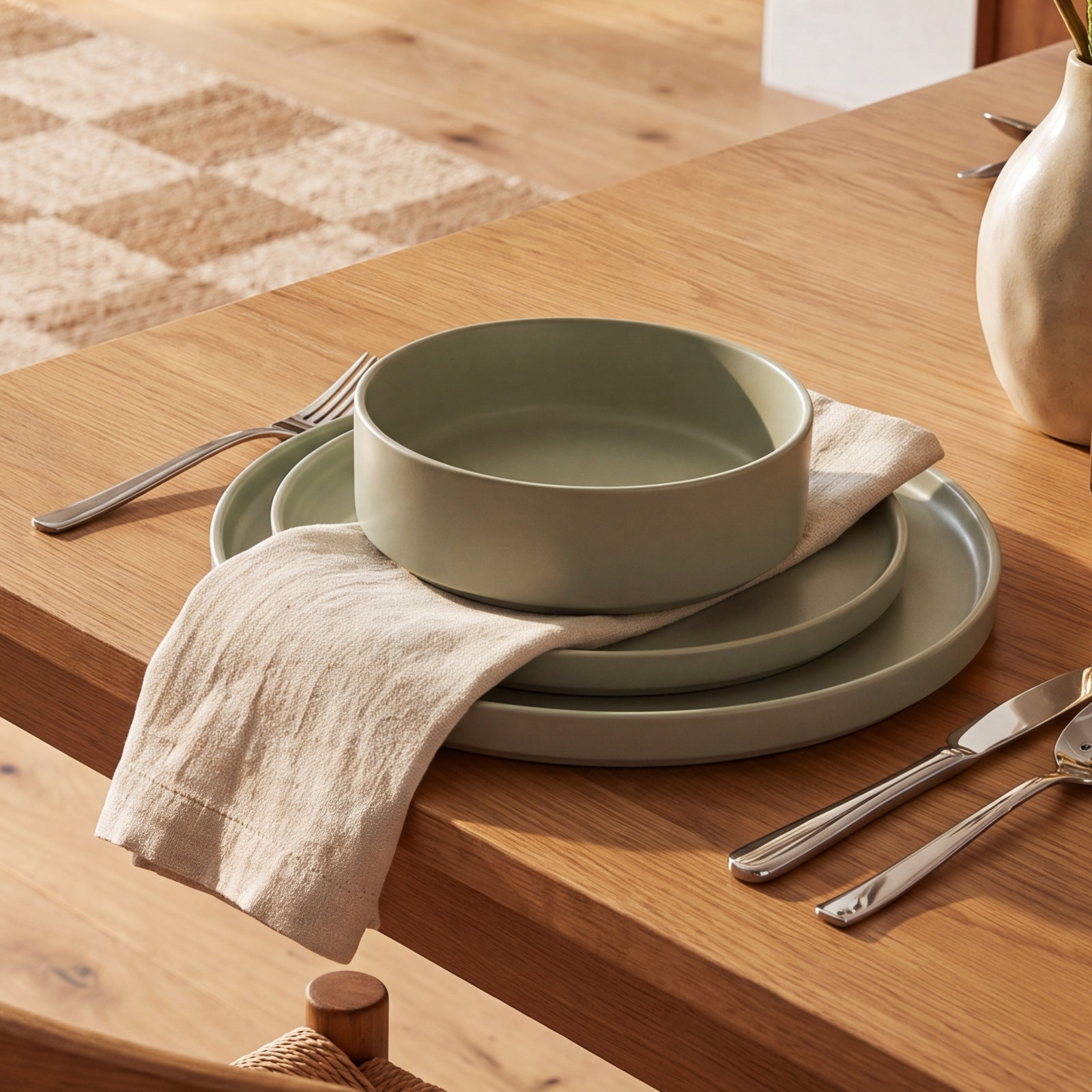 Stackable Stoneware Dinnerware Set, Sage