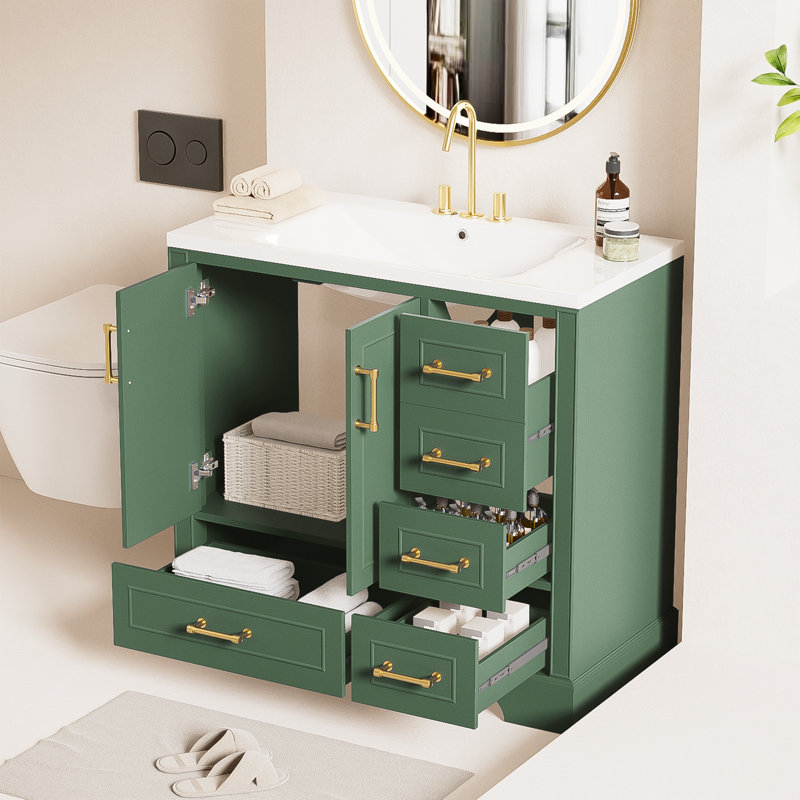 36'' Single Bathroom Vanity With Ceramic Top, Green, Gold