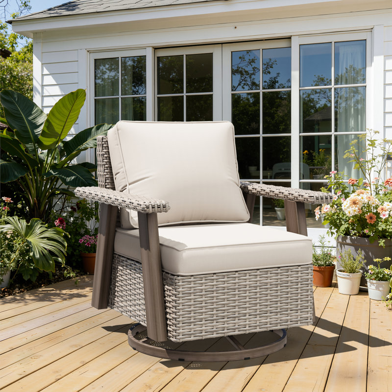 Ensemble de chaises pivotantes en osier avec coussin beige en polyéthylène (PE), Beige, 1