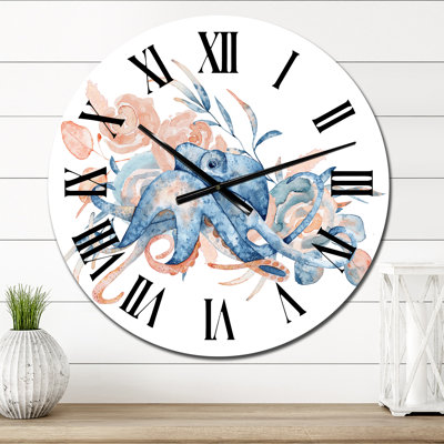 Blue Octopus with Pink Flowers - Nautical & Coastal Wall Clock -  East Urban Home, 1D51FCD466FF41908EDA7BEDF9F24BC9