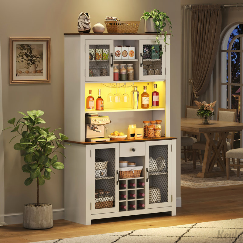 Armoire décorative avec DEL, armoire de rangement pour garde-manger avec portes et tablettes, Blanc