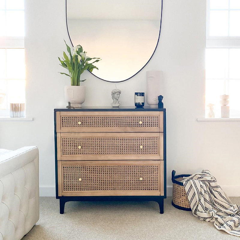 Chic Rattan 3-Drawer Chest, Brass Knobs