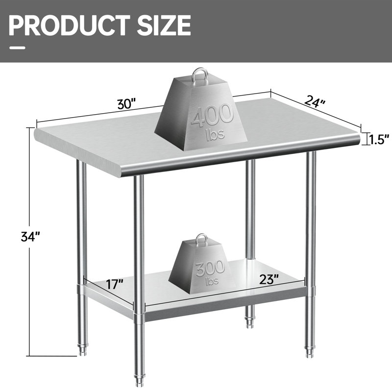 Table de travail en acier inoxydable, table de travail commerciale NSF avec tablette et pieds, P 24 po x H 34 po