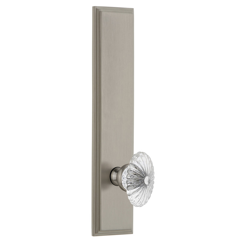 Grandeur Carré Tall Plate Privacy with Burgundy Crystal Door Knob, Satin Nickel, 2 3/4", Left Handed