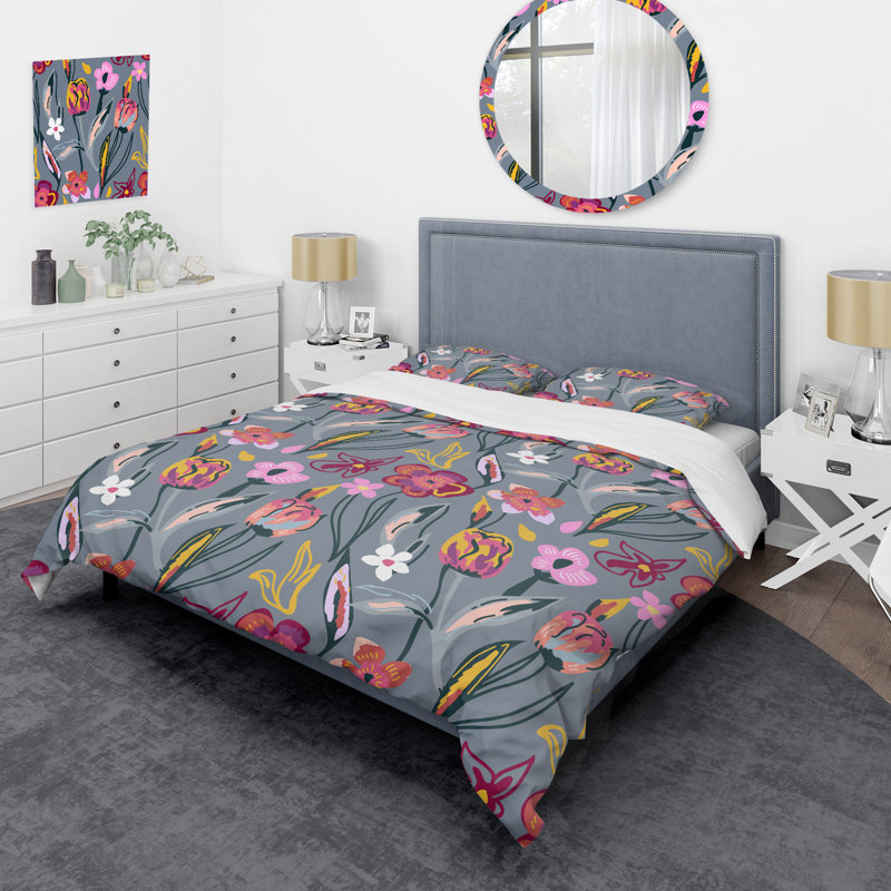 Fleurs grises - Ensemble de housse de couette floral - Polyester microfibre, Housse de couette pour très grand lit et 2 très