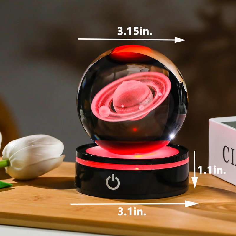 3D Saturn Crystal Ball with LED Base, Laser Engraved Glass Sphere for Gift.