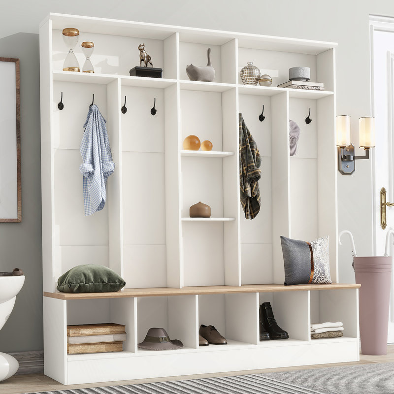 Wide Design Hall Tree with Storage Bench, Minimalist Shoe Cabinet with Cube Storage & Shelves, Multifunctional Coat Rack with 8 Hooks