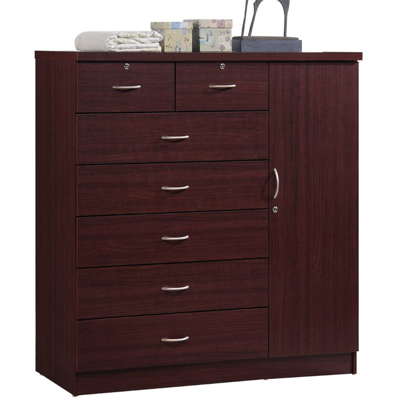 7-Drawer Dresser 47-inch Wide Wood Chest with 2-Locking Drawers, 1-Locking Door, 3-Shelves and Clothing Rod for Bedroom Storage