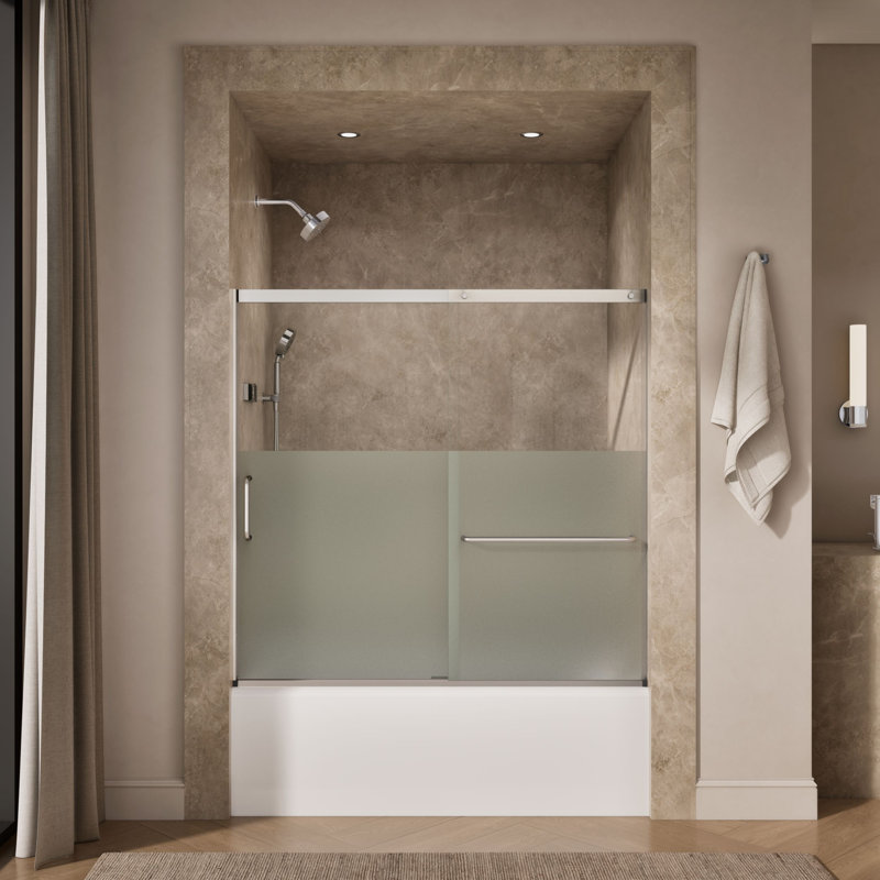 Elate Sliding Bath Door, 56-3/4-In H X 56-1/4 - 59-5/8-In W With Heavy 5/16-In Thick Crystal Clear Glass With Privacy Band