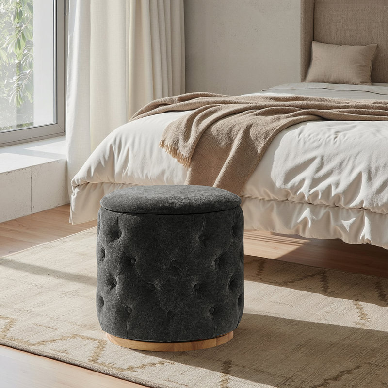 Venus Modern 19"W Tufted Ottoman with Storage and 360-degree Swivel Solid Wood Base, Black