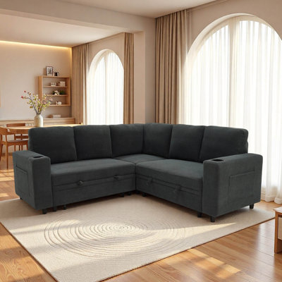 Canapé-lit modulaire coulissant en L 76,5 po avec rangement caché, porte-gobelets et poches latérales