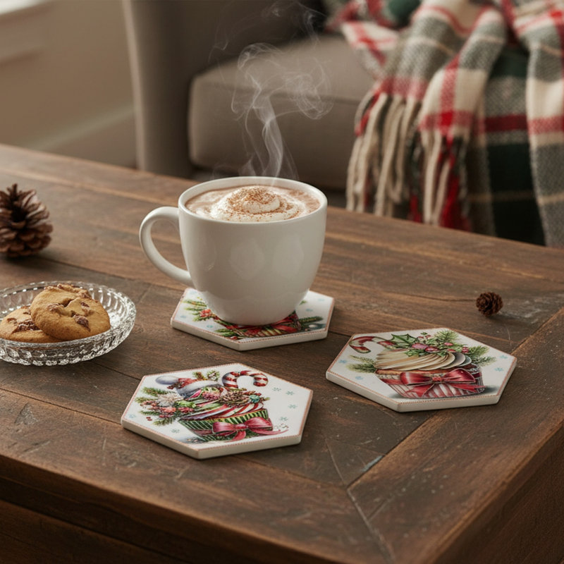 Lot de 4 sous-verres hexagonaux en céramique avec motif cupcake doré
