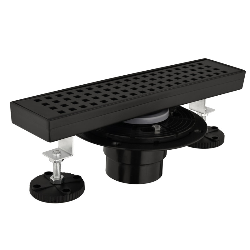 12 Inches Linear Shower Drain With Removable Quadrato Pattern Grate, 304 Stainless Shower Drain Included Hair Strainer And Leveling Feet, Flange