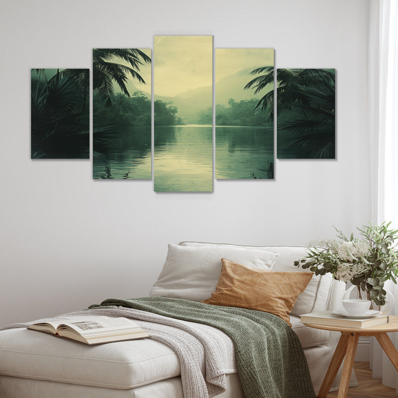 Oasis tropicale grise et verte, palmiers et palmiers, ensemble d'art mural sur toile
