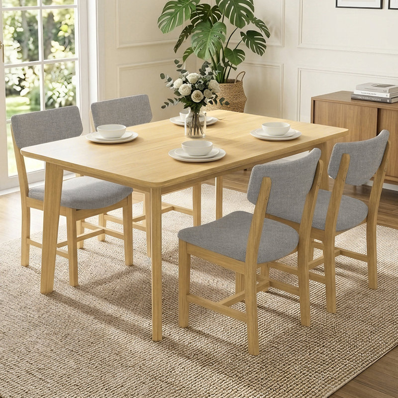 5-Piece Dining Set - Solid Wood Table and Upholstered Chairs, Natural