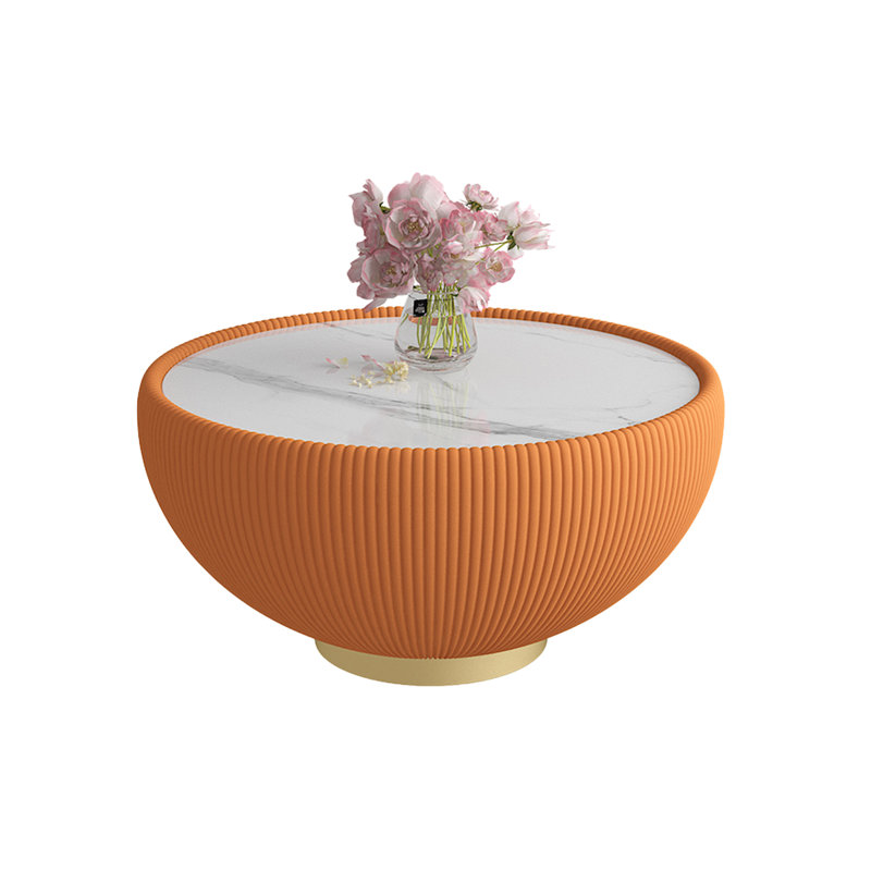 Table basse ronde moderne or et marbre avec détails en similicuir, Orange, H 14,96 po x L 29,53 po x l 29,53 po