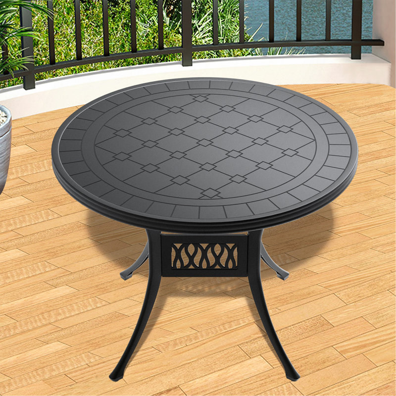 39.37 Inch Cast Aluminum Patio Dining Table With Black Frame and Carved Texture On The Tabletop