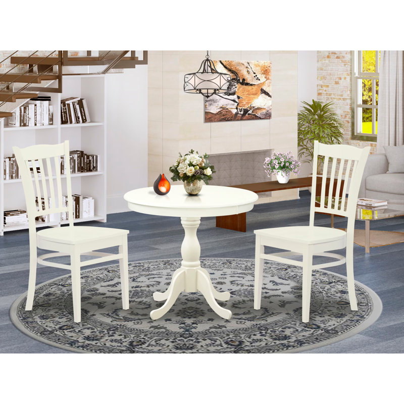 3 Piece Wooden Dining Table Set Consists of 1 Round Pedestal Table and 2 linen white Kitchen Chairs with Slatted Back - linen white Finish