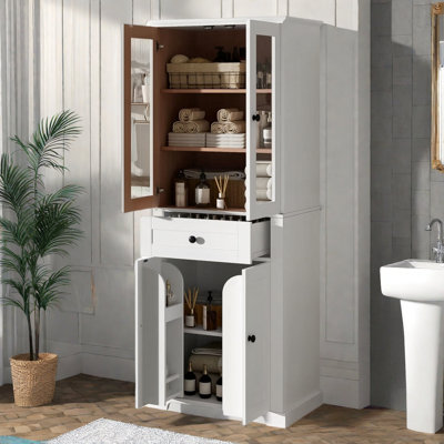 Grande armoire de rangement pour salle de bain avec portes en verre trempé, tablettes réglables, tiroir et fermeture en douceur