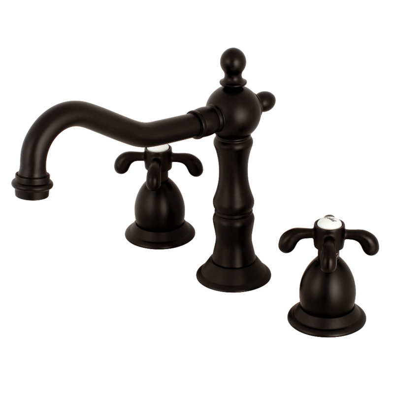 Kingston Brass French Country Two-Handle 3-Hole Deck Mount Widespread Bathroom Faucet with Brass Pop-Up Drain