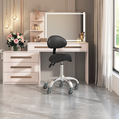 Ergonomic Saddle Stool with Premium Leather, Backrest Support, Rolling Casters, Easy to Assembly, Black