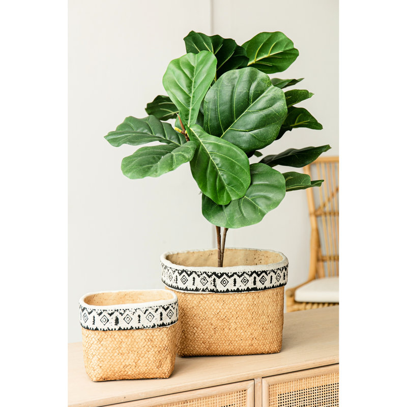 Rectangular Basket Planters Of 2 Brown Multi Cement With Geometric Trim For Indoor Outdoor Use, L:10.4X8.7X7.9 S:7.3X5.5X5.9 Inches, 12.1 Lbs Trimmed Indoors Or Outdoors,