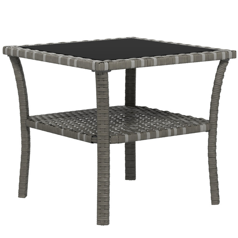Rattan Outdoor Side Table With Storage Shelf And Tempered Glass Top, Square Gray End Table With Aluminum Frame | Gift Idea