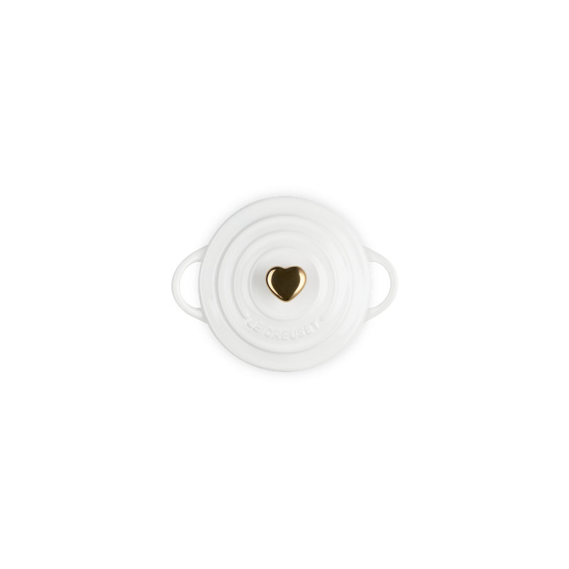 Le Creuset Stoneware Classic Round Mini Cocotte 8 Oz White Heart Gold Knob, White