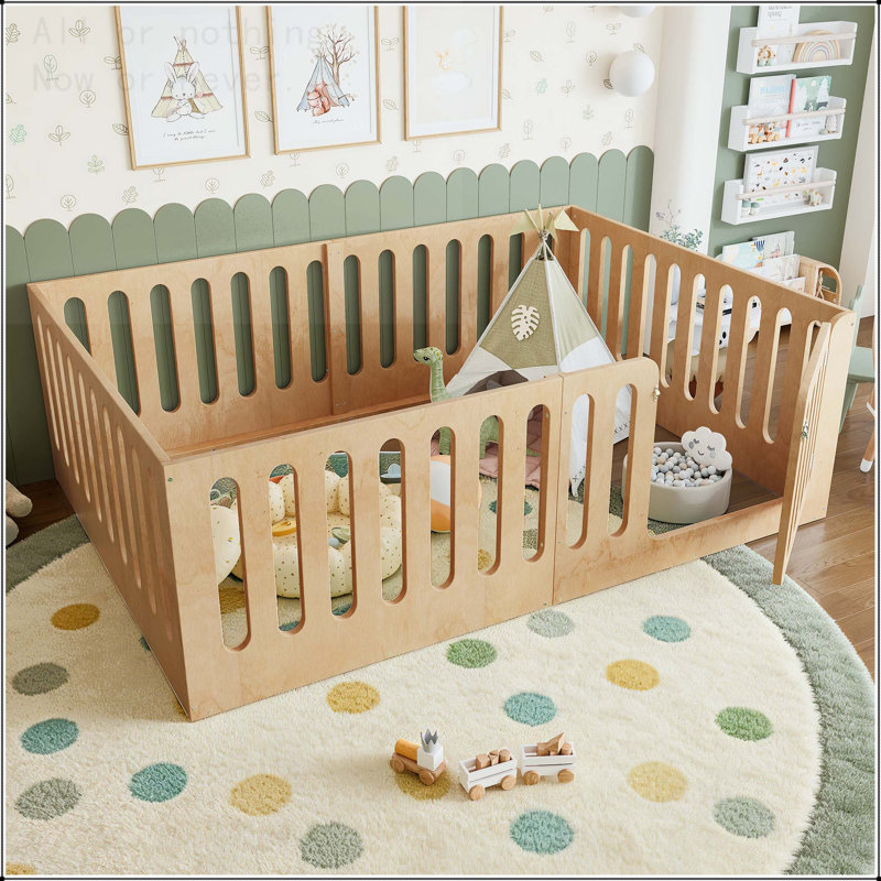 Grand lit en bois massif Montessori avec porte, Grand lit, Blanc clair