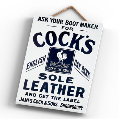 Cocks Sole Leather Vintage Retro Poster Design On Wooden Plaque