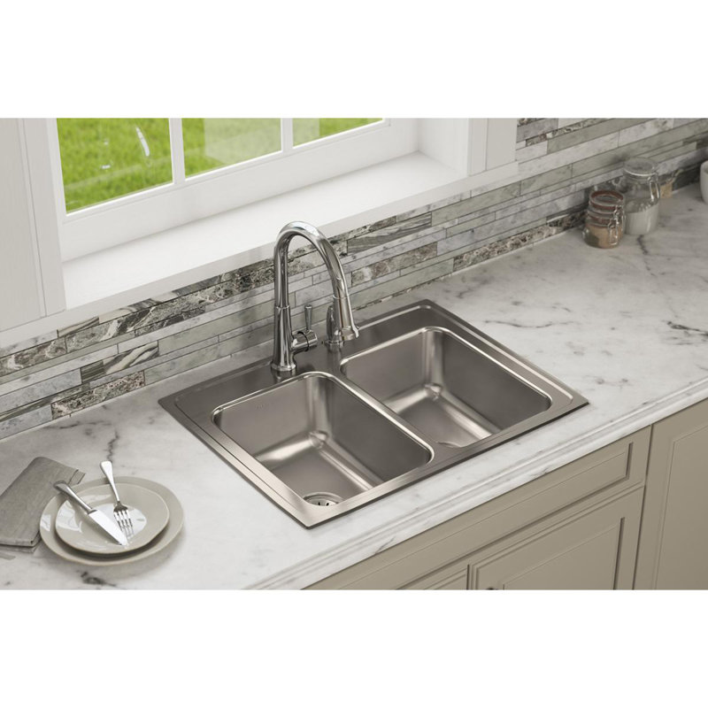 Lustertone 29" L x 22" W Double Basin Drop-In Kitchen Sink, 2 hole