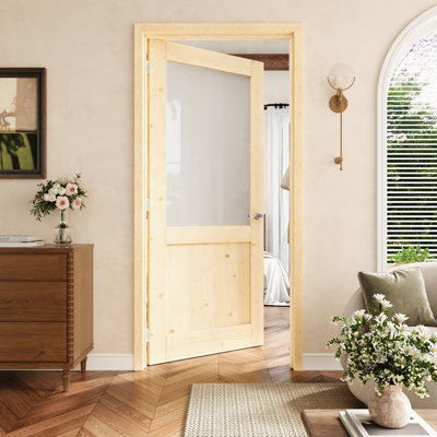 Porte intérieure pré-suspendue en bois de pin et verre givré 36 po x 80 po avec charnières argentées, dalle de porte d'intimité en verre avec cadre, porte intérieure comme porte de garde-manger, porte de chambre à coucher, porte de buanderie, portes de placard, portes de pièce, main gauche