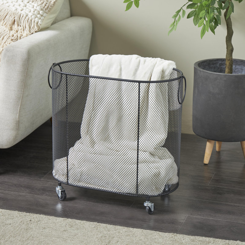 Black Metal Oval Mesh Wire Rolling Laundry Mobile Storage Cart with Ring Handles, 21" x 12" x 21", Black