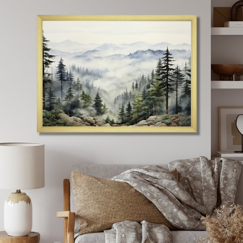 «Pine Tree Misty Mountain I», art sur toile de pin, Cadre photo unique, H 24 po x l 32 po, Doré