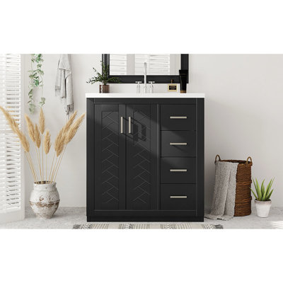 Meuble-lavabo de 30 po avec lavabo en céramique, structure en bois massif, charnières, poignée en métal exquis, rangement spacieux, rangement élégant pour les articles de toilette