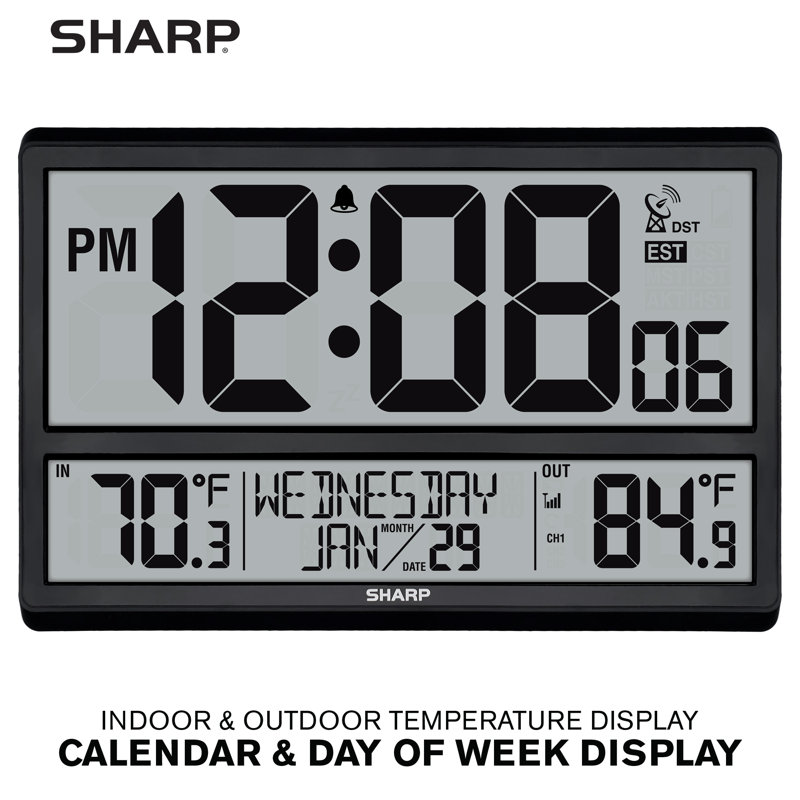 Sharp Atomic Digital Tabletop Alarm Clock, Never Needs Setting, Indoor Outdoor Temperature 