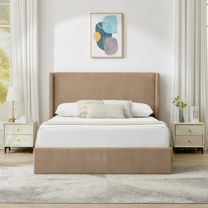 Lit plateforme tapissier en velours côtelé Wauson, Double, Taupe